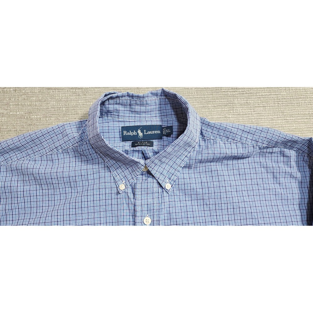 Ralph Lauren Men Button Down Shirt Blue Gingham Plaid Classic Fit Long Sleeve XL